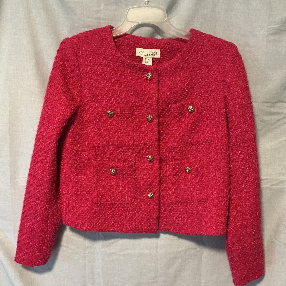Rachel Zoe Pink Tweed Boucle Cropped Dress Jacket Gold Buttons Preppy Office